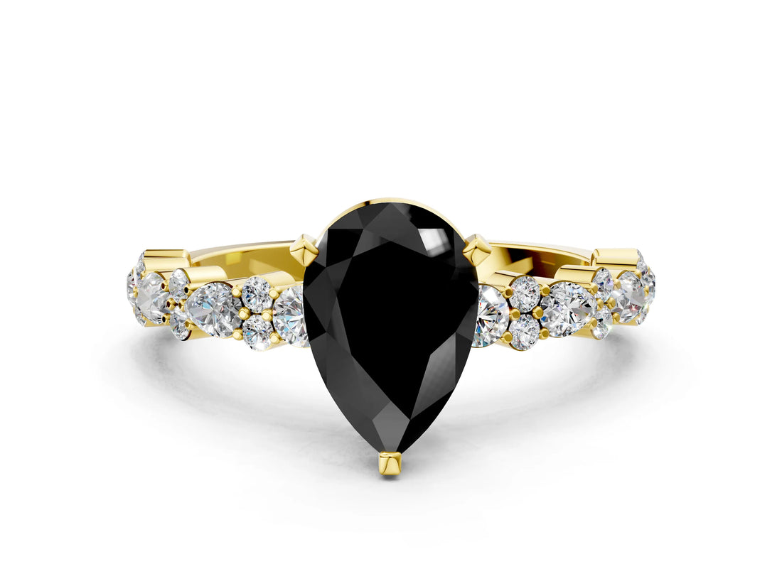 Yellow gold Fancy Black Pear Cut Diamond Solitaire with Side Stones, Pave Band, Four-Prong Setting_36