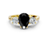 Yellow gold Fancy Black Pear Cut Diamond Three-Stone Engagement Ring with Prong Setting and Pavé Band