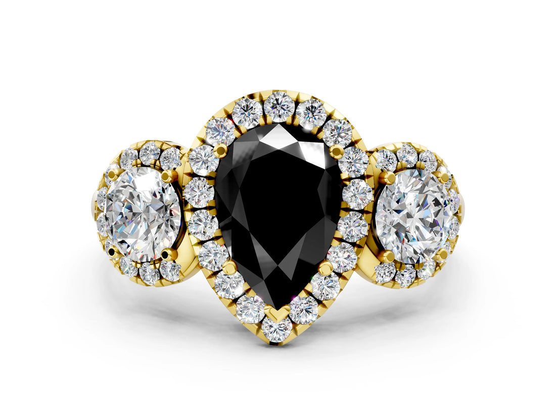 Yellow gold Fancy Black Pear Cut Diamond Three-Stone Halo Ring with Prong Setting and Pavé Accents