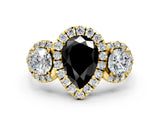 Yellow gold Fancy Black Pear Cut Diamond Three-Stone Halo Ring with Prong Setting and Pavé Accents