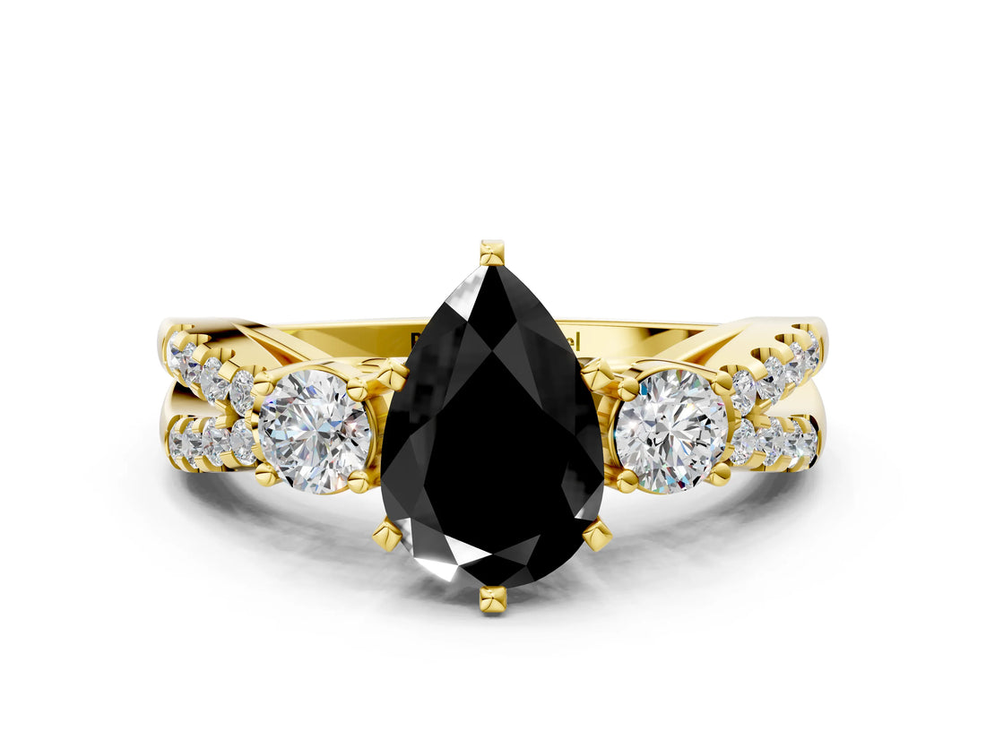 Yellow gold Fancy Black Pear Cut Diamond Three-Stone Ring with Pavé Split Shank and Four-Prong Setting