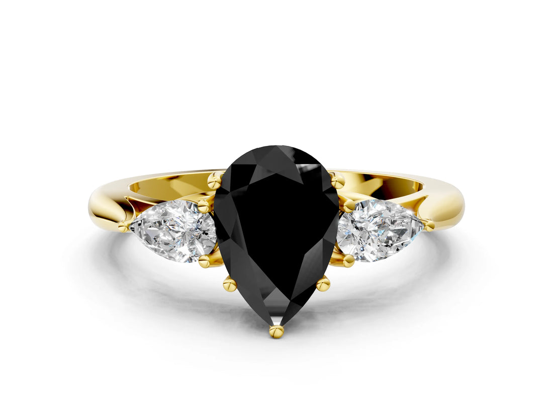 Yellow gold Fancy Black Pear Cut Diamond Three-Stone Ring with Pear Side Stones and Four-Prong Setting_24