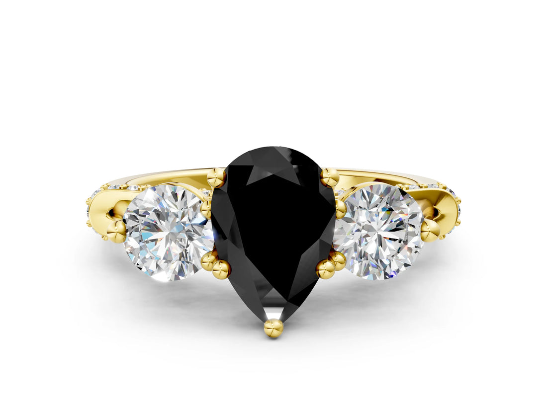 Yellow gold Fancy Black Pear Cut Diamond Three-Stone Ring with Prong Setting and Pavé Band