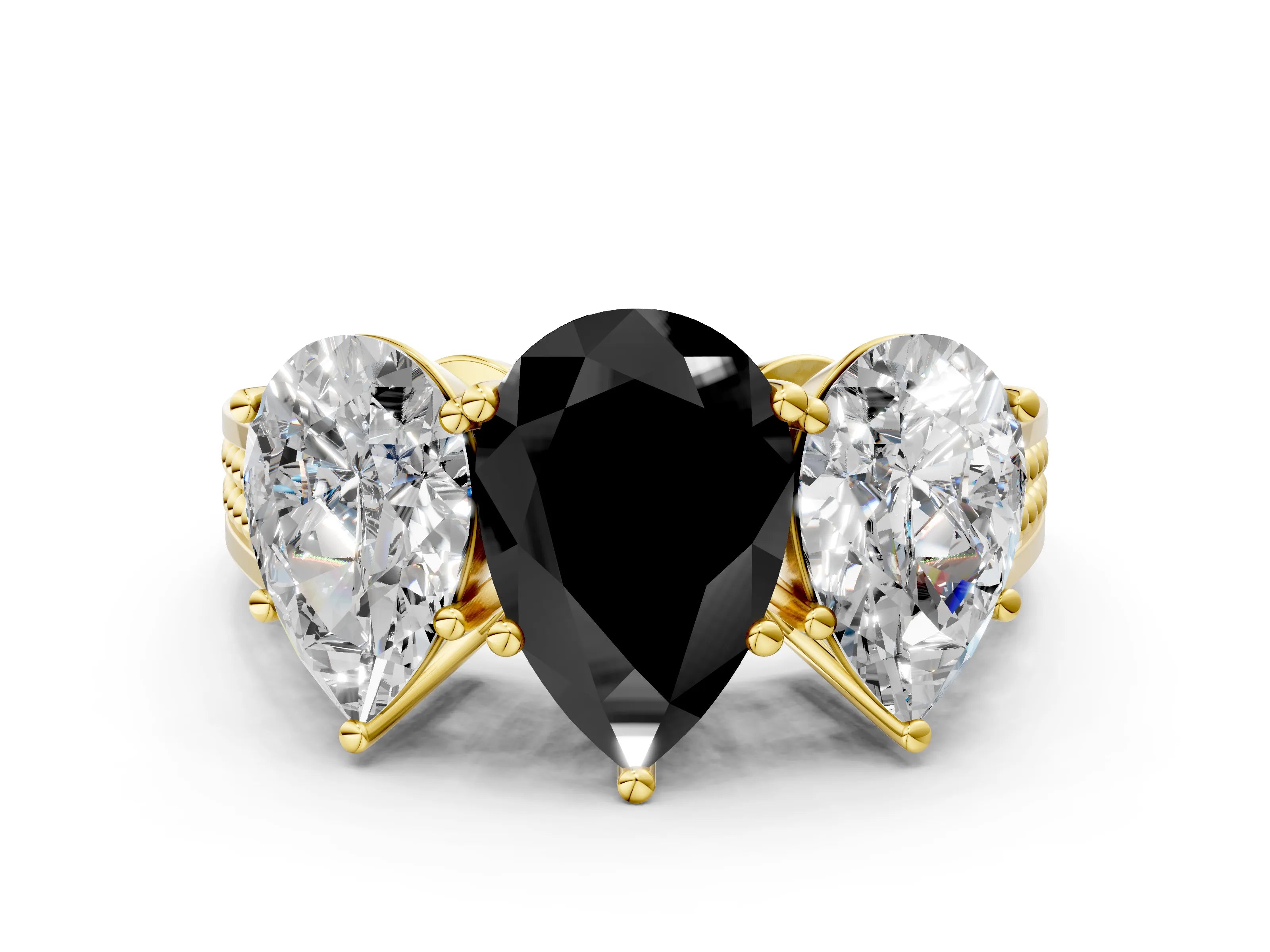 Yellow gold Fancy Black Pear Cut Diamond Three-Stone Ring with Prong Setting and Textured Band