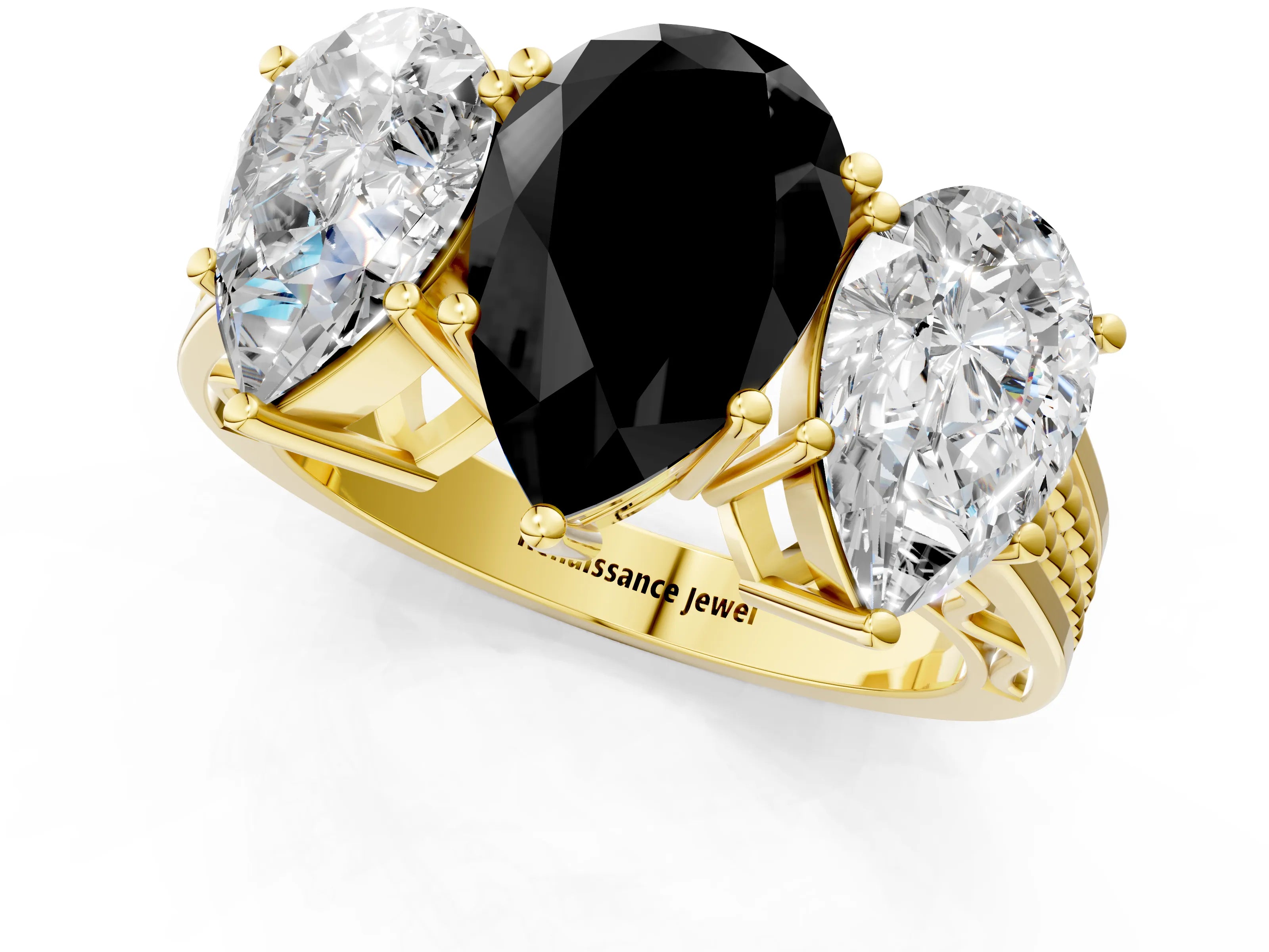 Yellow gold Fancy Black Pear Cut Diamond Three-Stone Ring with Prong Setting and Textured Band_1