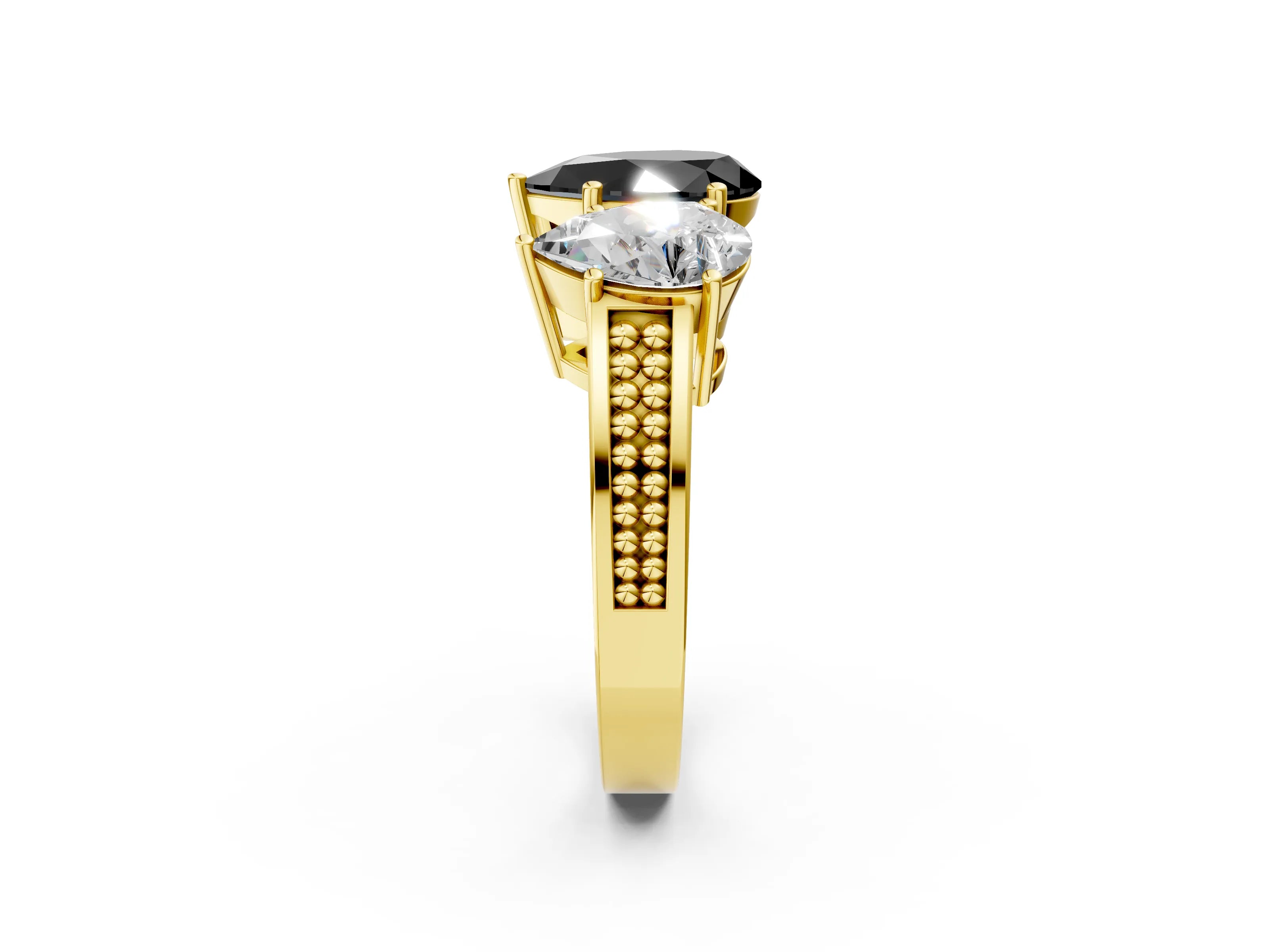 Yellow gold Fancy Black Pear Cut Diamond Three-Stone Ring with Prong Setting and Textured Band_2