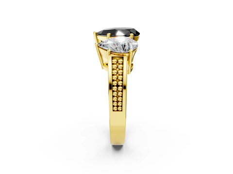 Yellow gold Fancy Black Pear Cut Diamond Three-Stone Ring with Prong Setting and Textured Band_2