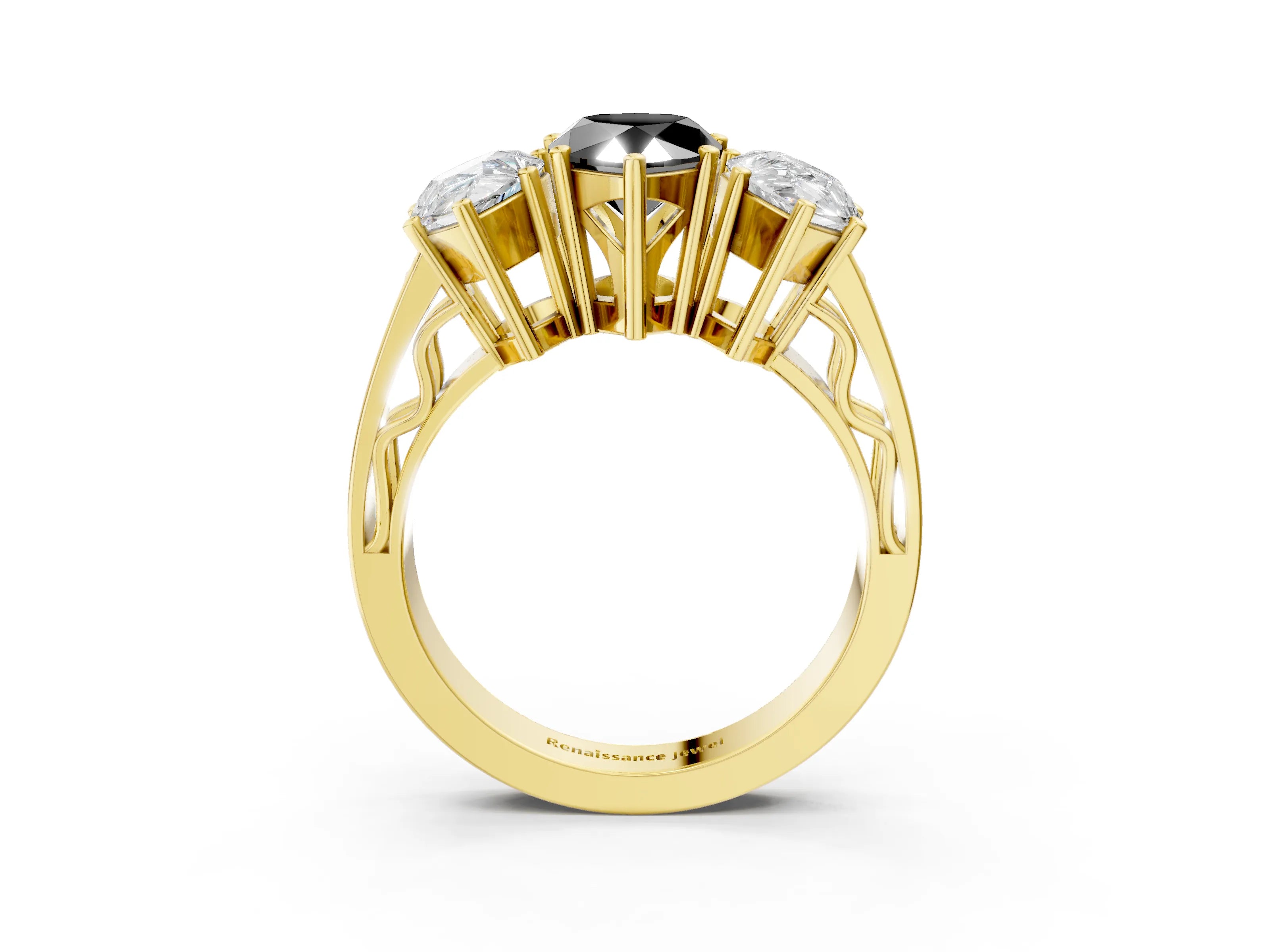 Yellow gold Fancy Black Pear Cut Diamond Three-Stone Ring with Prong Setting and Textured Band_3