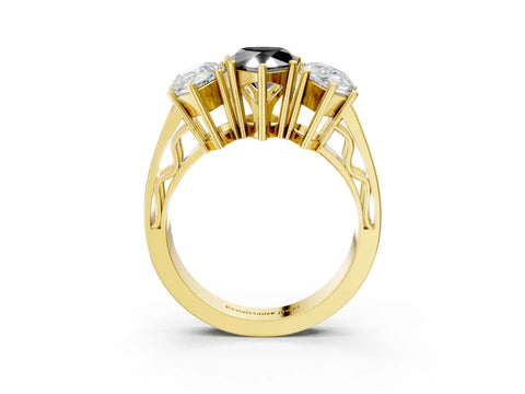 Yellow gold Fancy Black Pear Cut Diamond Three-Stone Ring with Prong Setting and Textured Band_3