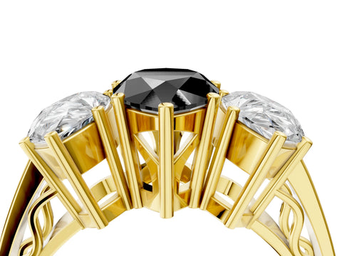 Yellow gold Fancy Black Pear Cut Diamond Three-Stone Ring with Prong Setting and Textured Band_4