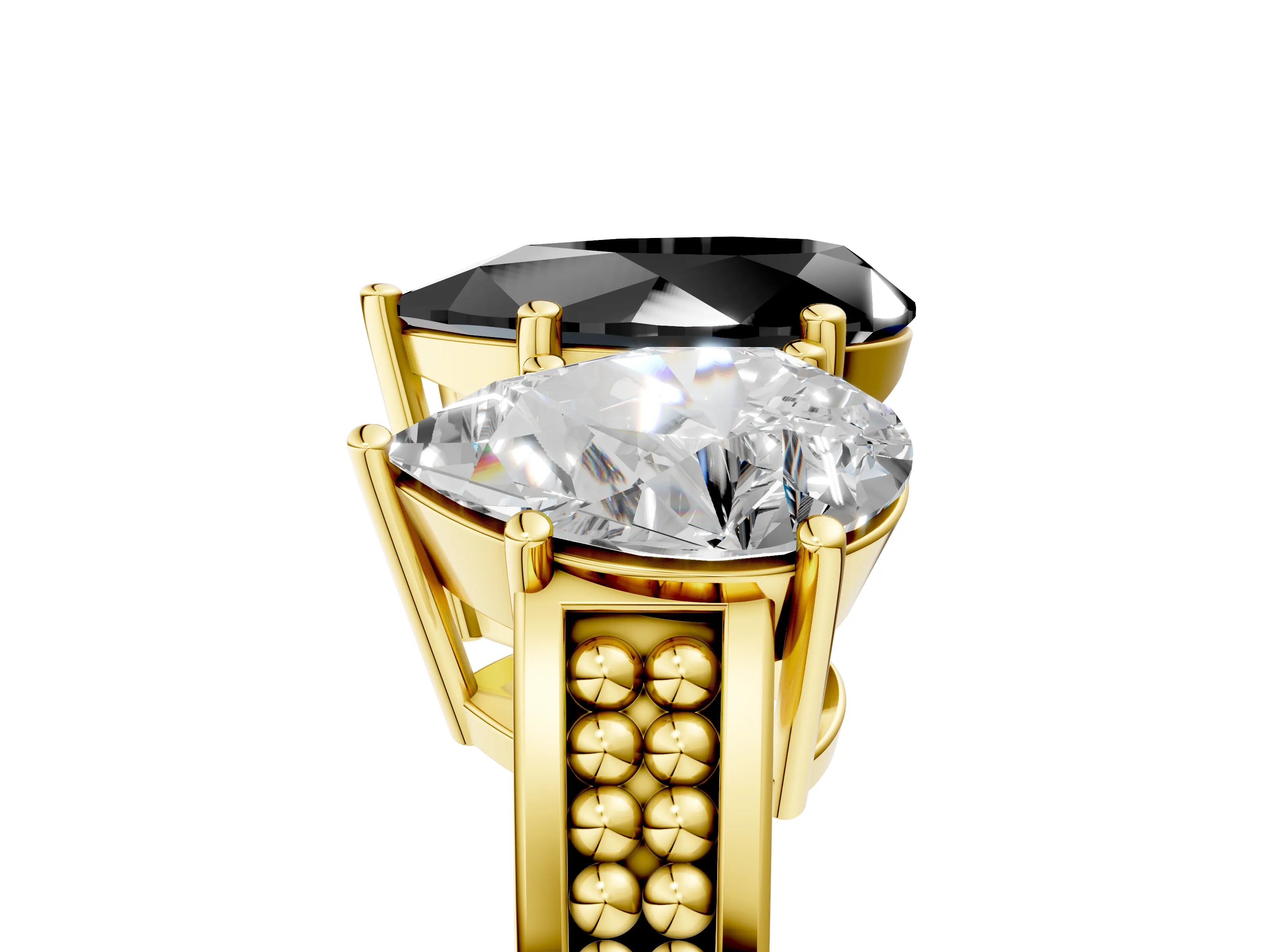 Yellow gold Fancy Black Pear Cut Diamond Three-Stone Ring with Prong Setting and Textured Band_5