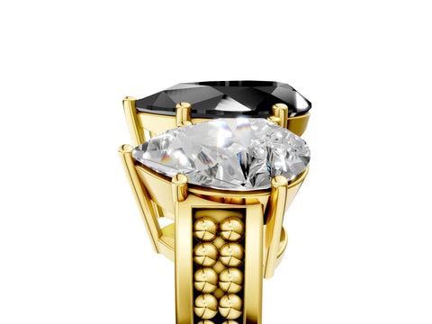 Yellow gold Fancy Black Pear Cut Diamond Three-Stone Ring with Prong Setting and Textured Band_5