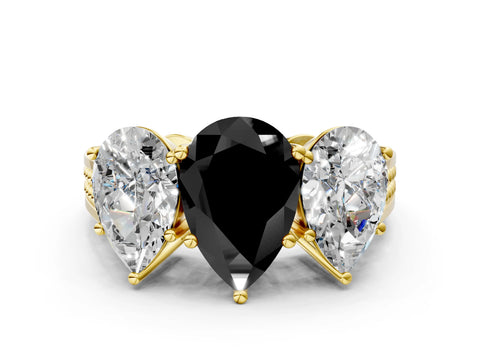 Yellow gold Fancy Black Pear Cut Diamond Three-Stone Ring with Prong Setting and Textured Band