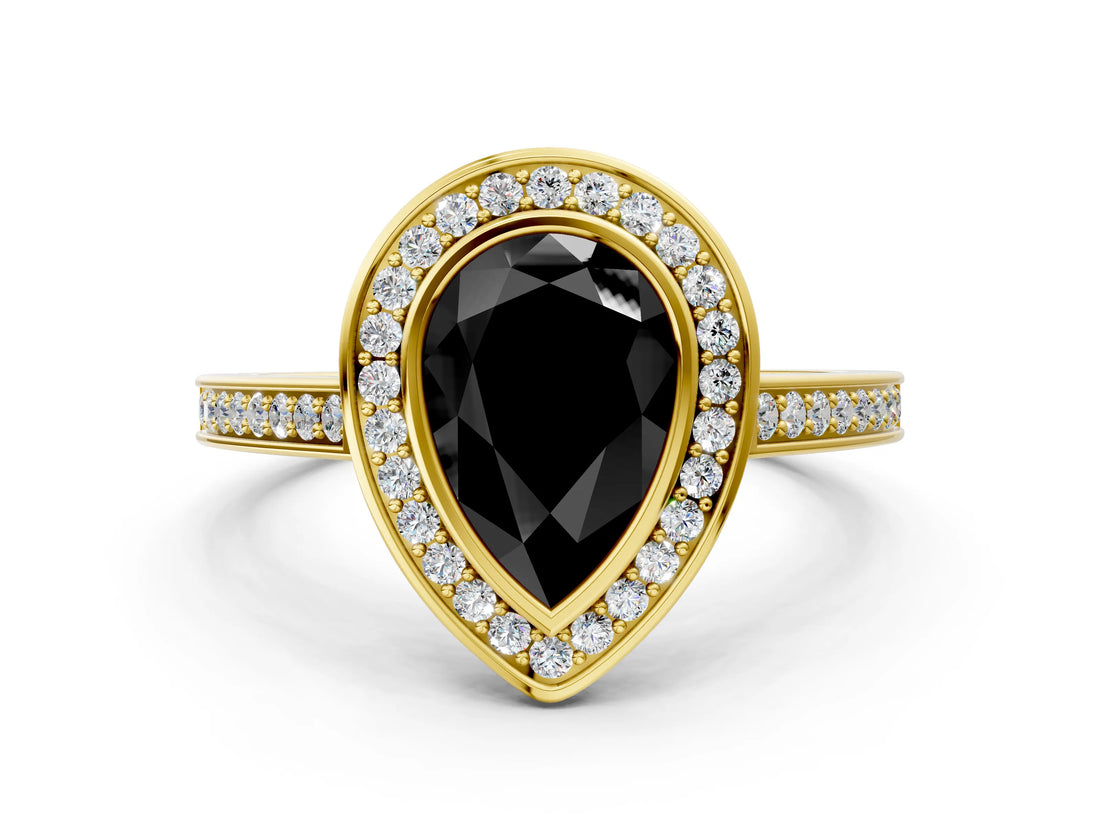 Yellow gold Fancy Black Pear Cut Halo Bezel Diamond Pave Band Ring