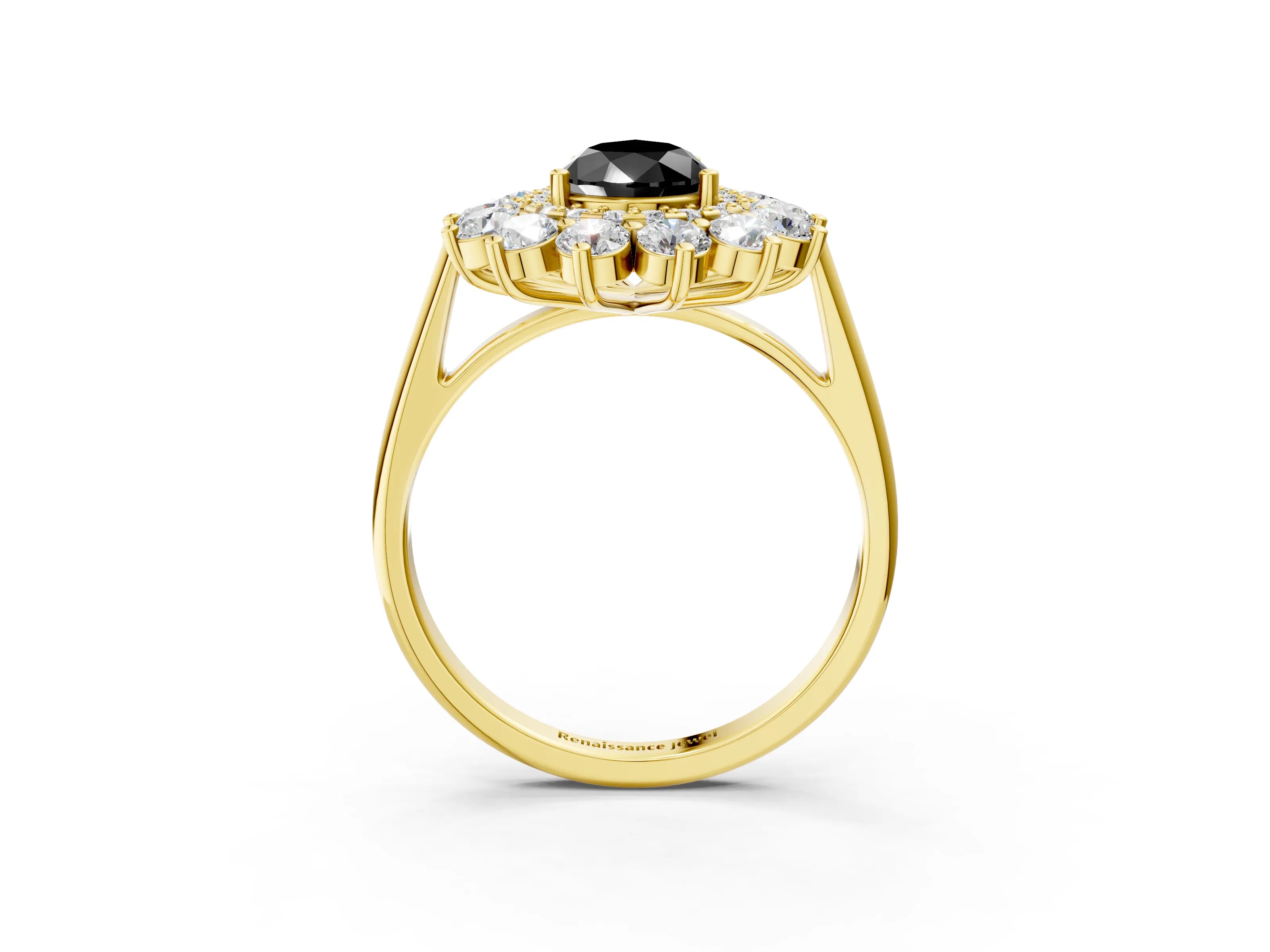 Yellow gold Fancy Black Pear Cut Halo Cluster Diamond Ring with Pave Band and Four-Prong Setting_15