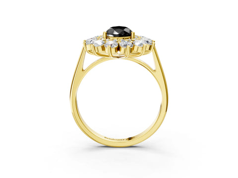 Yellow gold Fancy Black Pear Cut Halo Cluster Diamond Ring with Pave Band and Four-Prong Setting_15