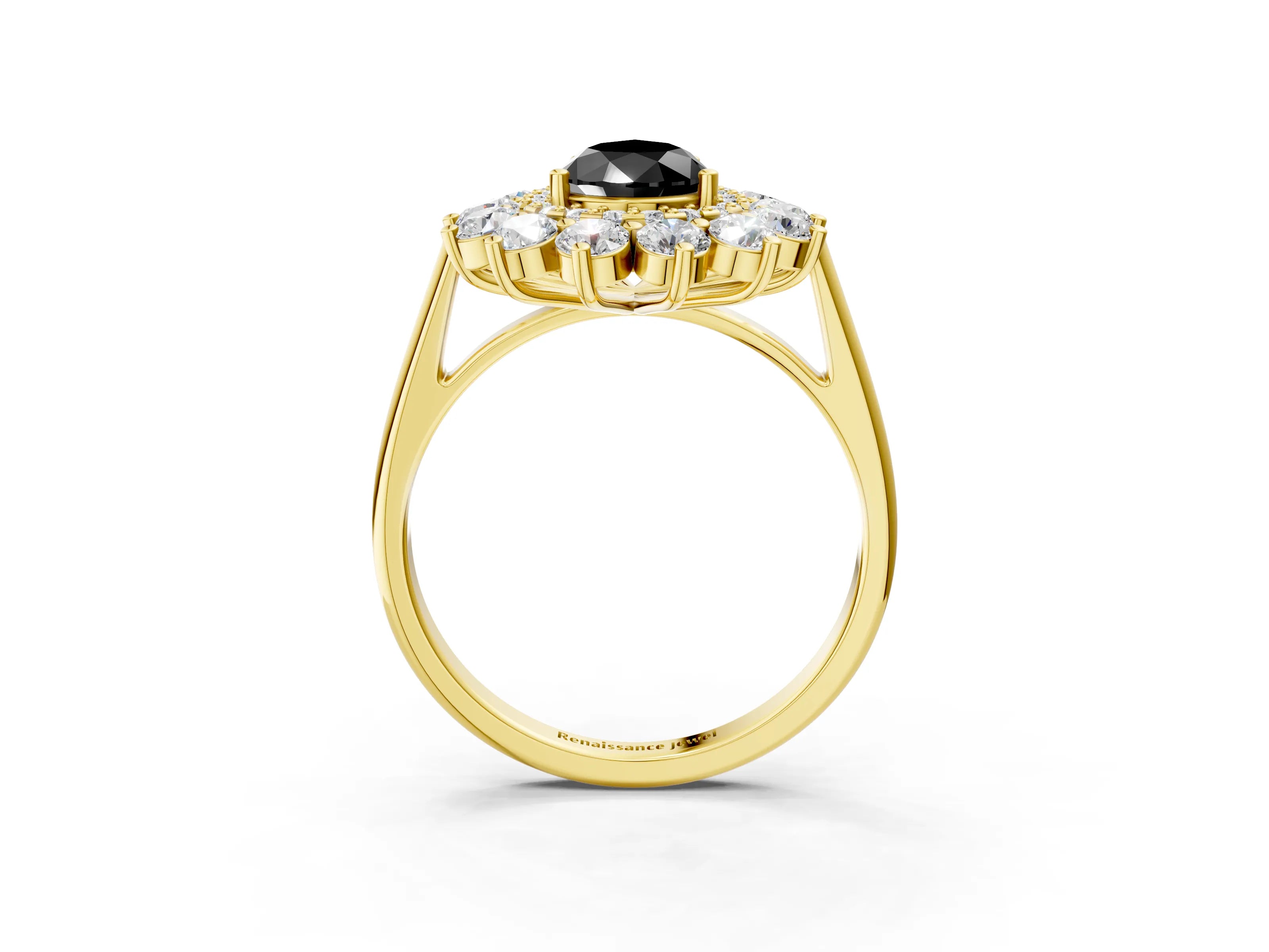 Yellow gold Fancy Black Pear Cut Halo Cluster Diamond Ring with Pave Band and Four-Prong Setting_3