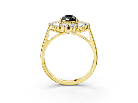 Yellow gold Fancy Black Pear Cut Halo Cluster Diamond Ring with Pave Band and Four-Prong Setting_3