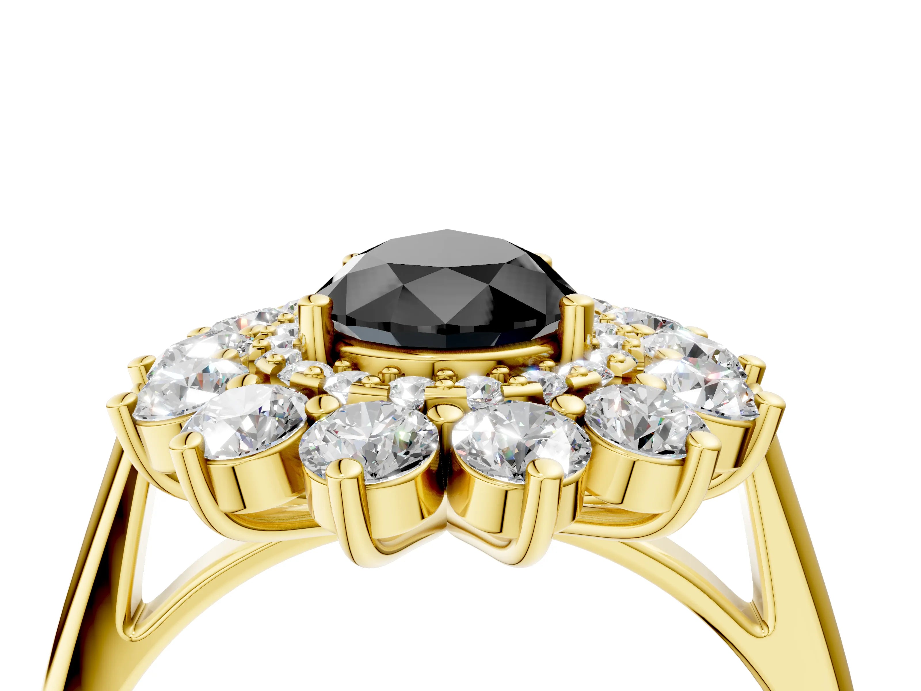 Yellow gold Fancy Black Pear Cut Halo Cluster Diamond Ring with Pave Band and Four-Prong Setting_4