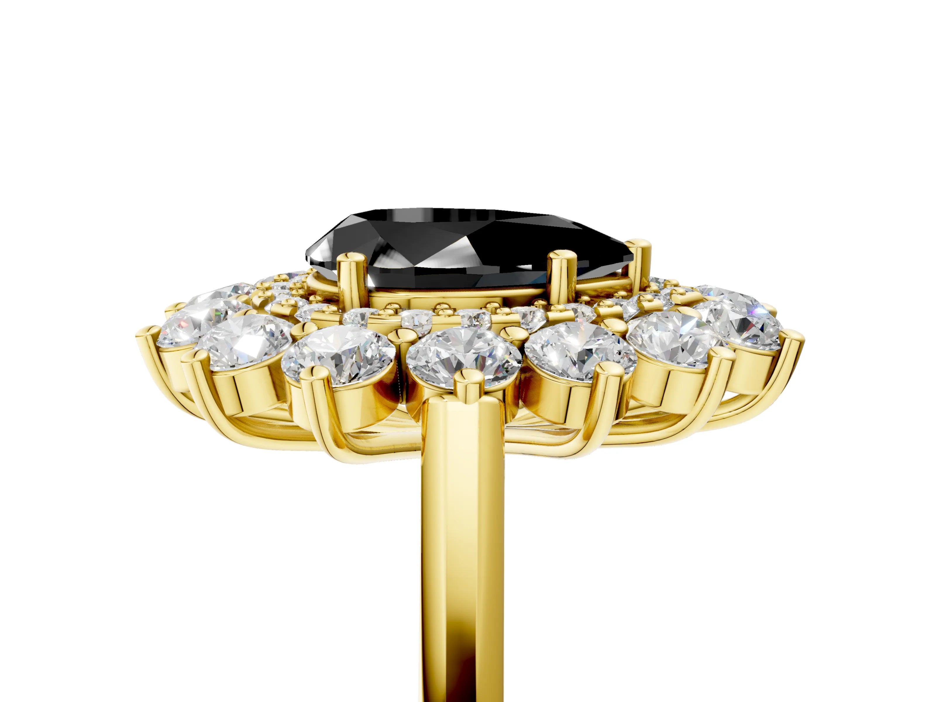Yellow gold Fancy Black Pear Cut Halo Cluster Diamond Ring with Pave Band and Four-Prong Setting_5
