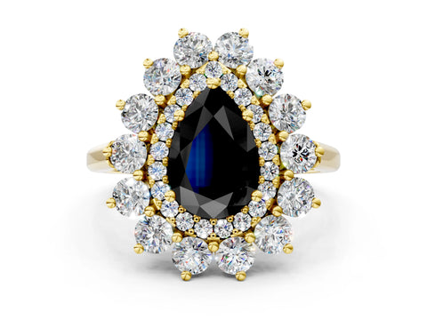 Yellow gold Fancy Black Pear Cut Halo Cluster Diamond Ring with Pave Band and Four-Prong Setting
