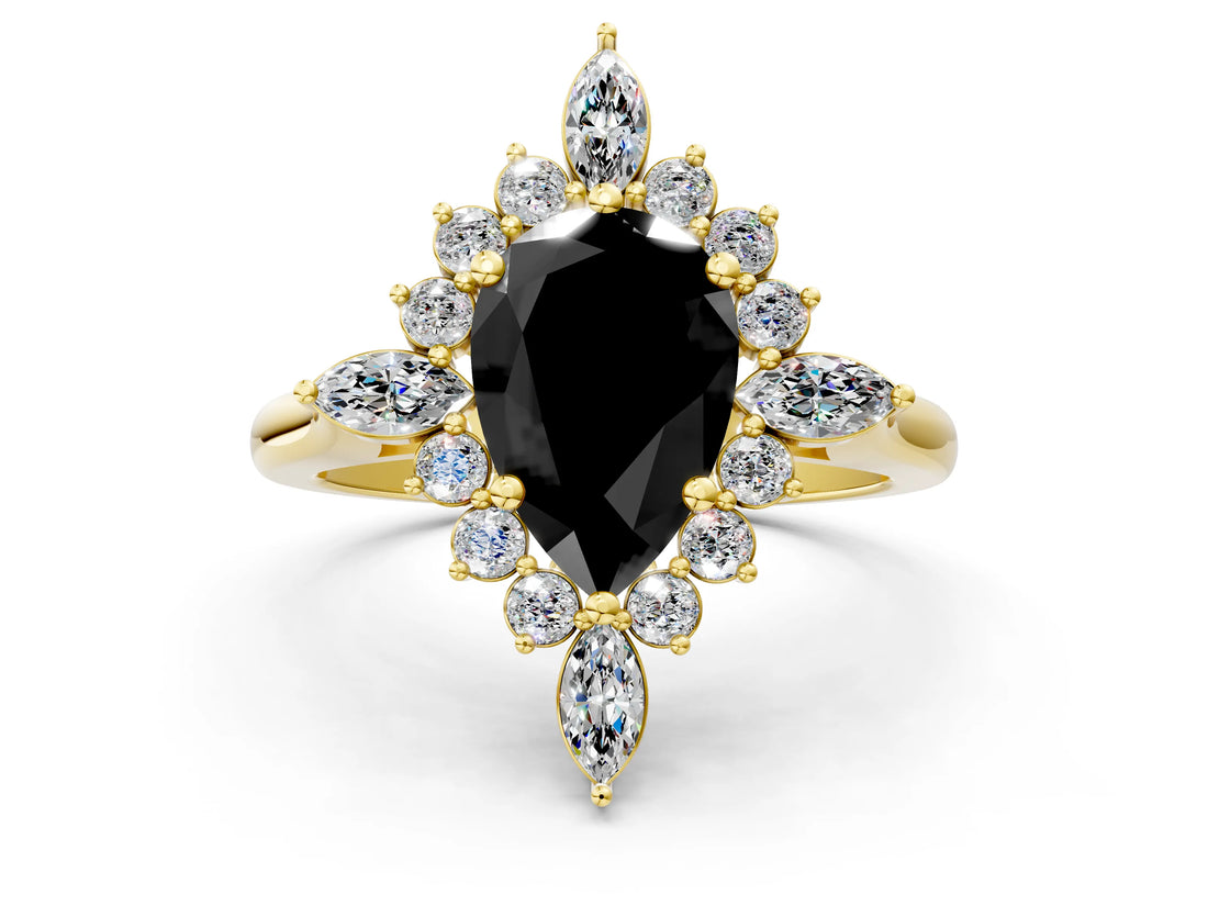 Yellow gold Fancy Black Pear Cut Halo Diamond Cluster Ring with Marquise and Round Stones on a White Gold Band with Prong Setting