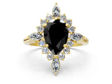 Yellow gold Fancy Black Pear Cut Halo Diamond Cluster Ring with Marquise and Round Stones on a White Gold Band with Prong Setting