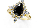 Yellow gold Fancy Black Pear Cut Halo Diamond Cluster Ring with Marquise and Round Stones on a White Gold Band with Prong Setting_1