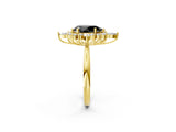 Yellow gold Fancy Black Pear Cut Halo Diamond Cluster Ring with Marquise and Round Stones on a White Gold Band with Prong Setting_2