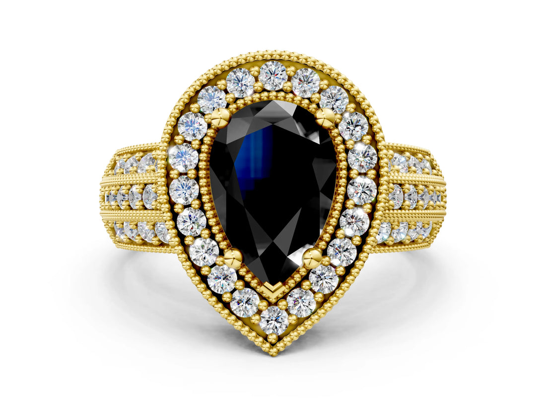 Yellow gold Fancy Black Pear Cut Halo Diamond Engagement Ring with Pave Split Shank and Four-Prong Setting_12