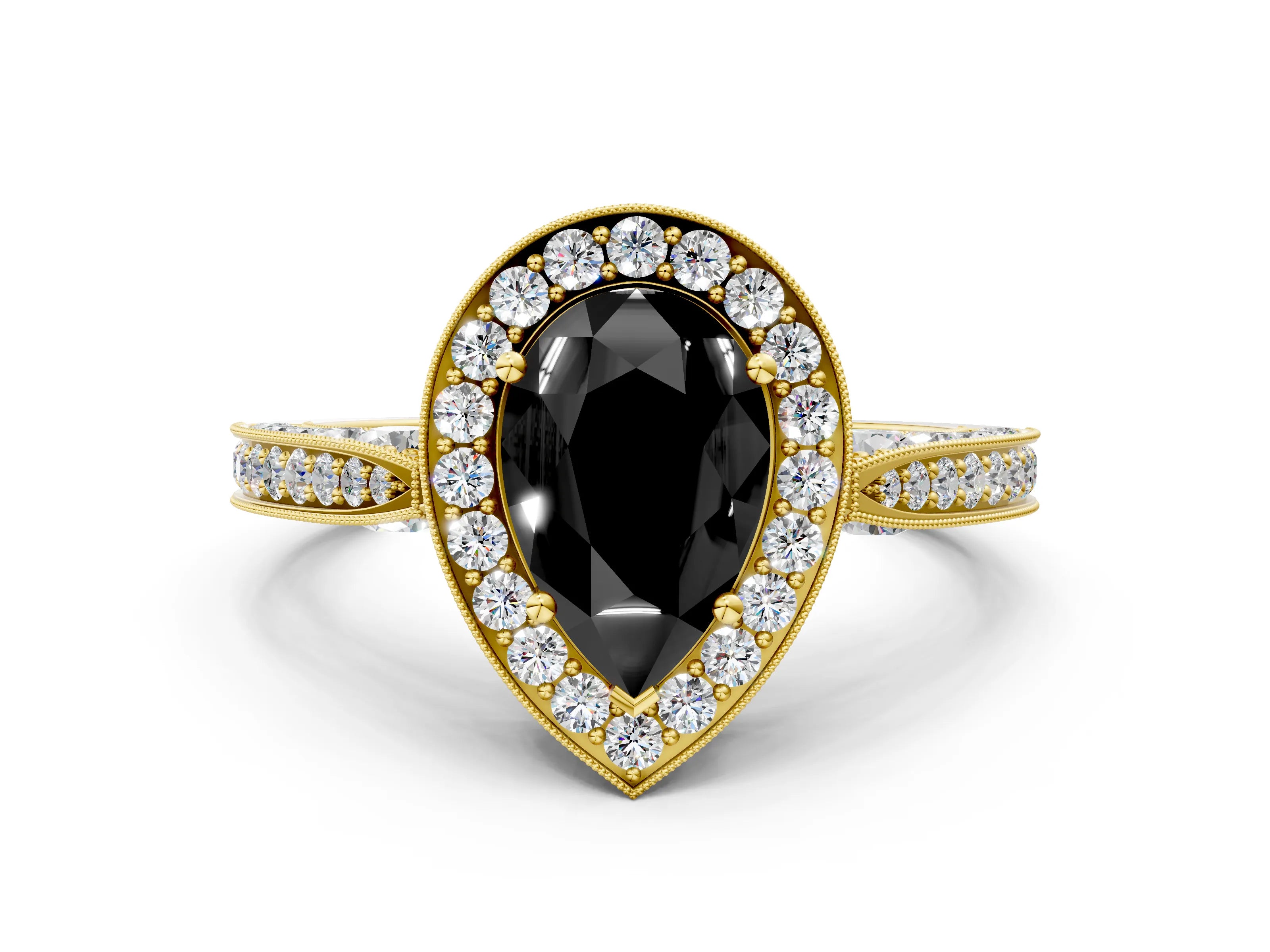Yellow gold Fancy Black Pear Cut Halo Diamond Engagement Ring with Split Shank Band and Four-Prong Setting