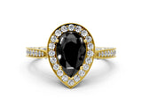 Yellow gold Fancy Black Pear Cut Halo Diamond Engagement Ring with Split Shank Band and Four-Prong Setting
