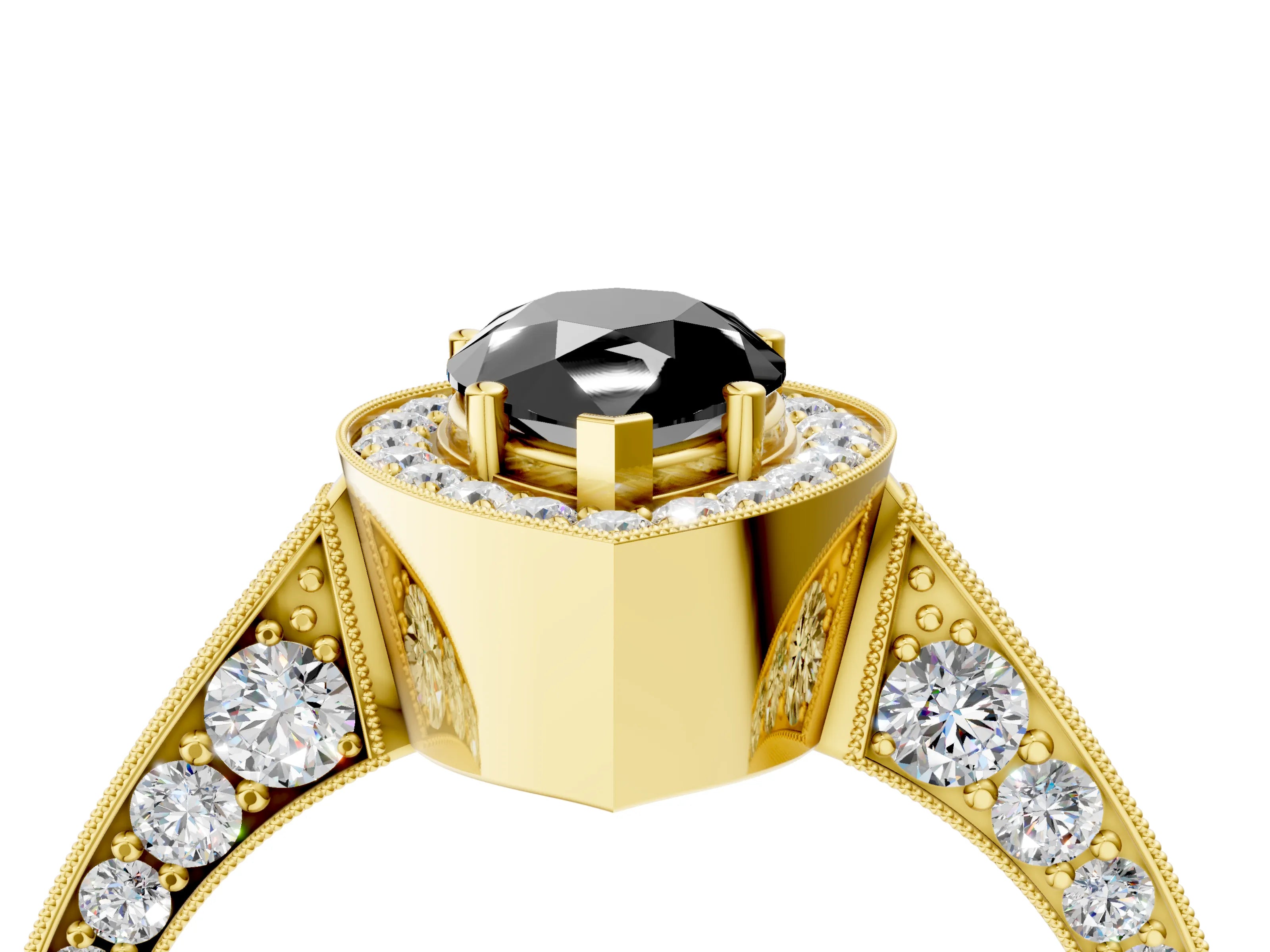 Yellow gold Fancy Black Pear Cut Halo Diamond Engagement Ring with Split Shank Band and Four-Prong Setting_4