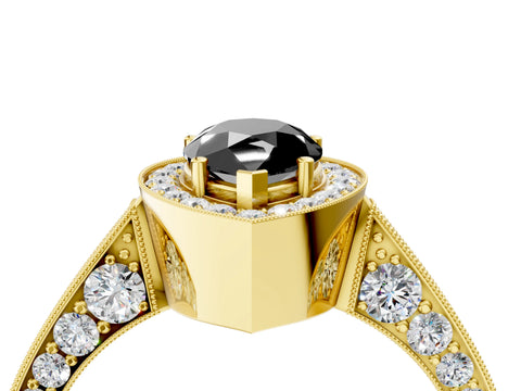 Yellow gold Fancy Black Pear Cut Halo Diamond Engagement Ring with Split Shank Band and Four-Prong Setting_4