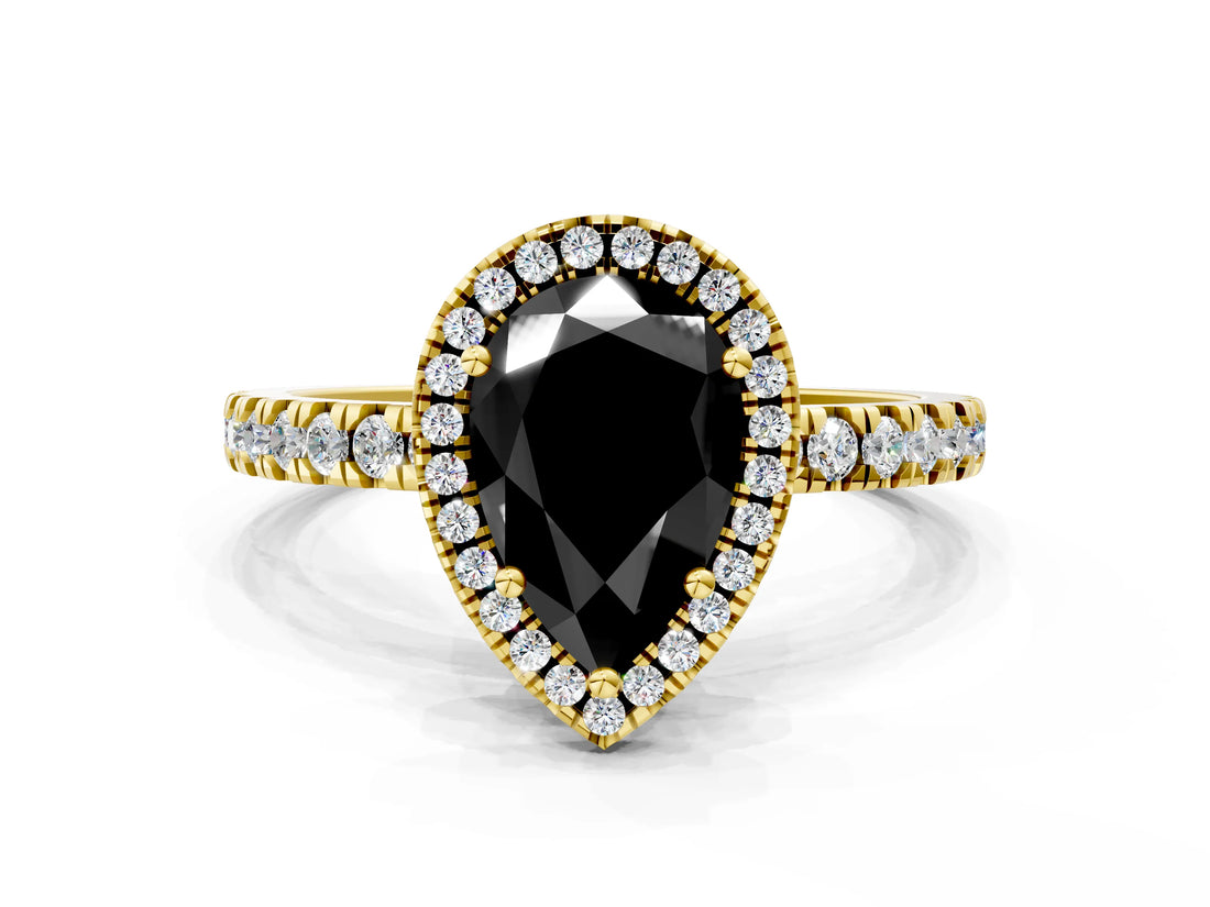 Yellow gold Fancy Black Pear Cut Halo Diamond Pave Band with Prong Setting