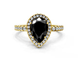 Yellow gold Fancy Black Pear Cut Halo Diamond Pave Band with Prong Setting