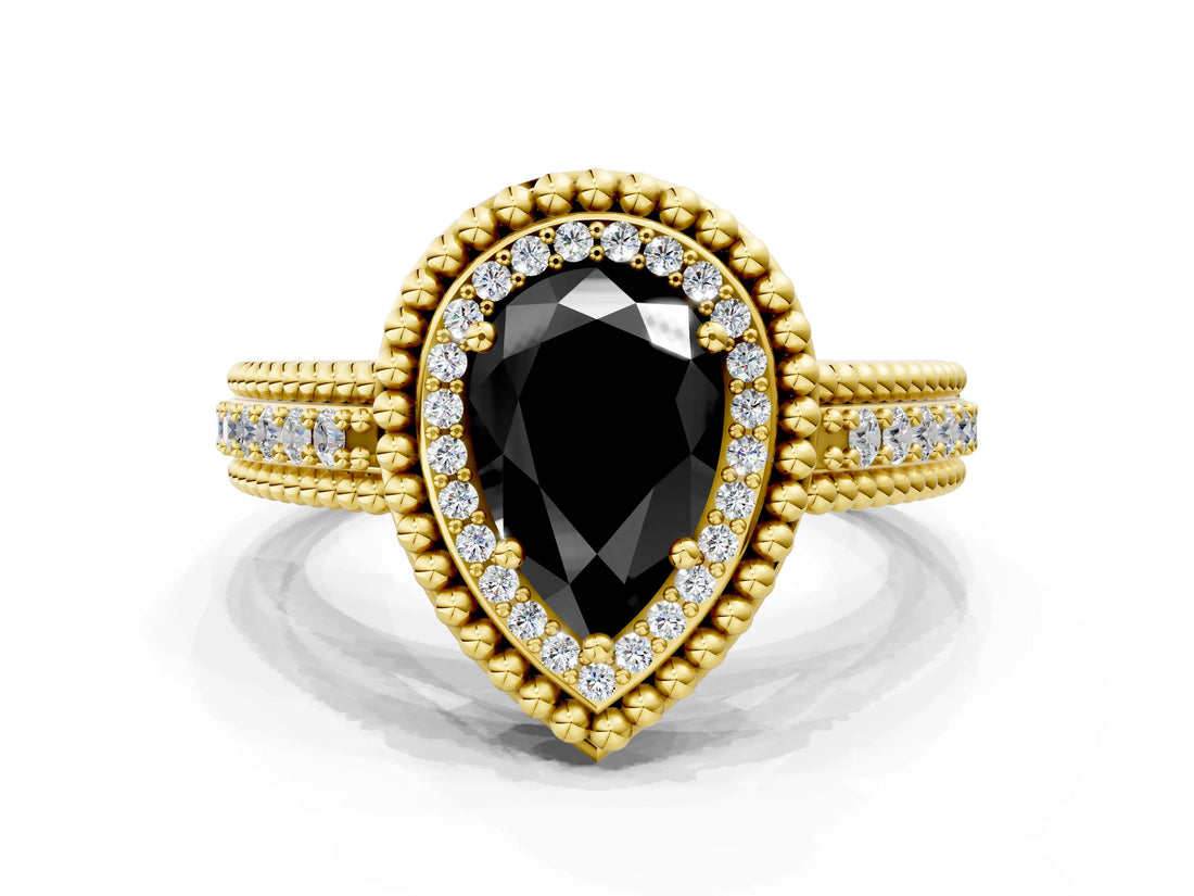 Yellow gold Fancy Black Pear Cut Halo Diamond Ring with Beaded Split Shank and Four-Prong Setting