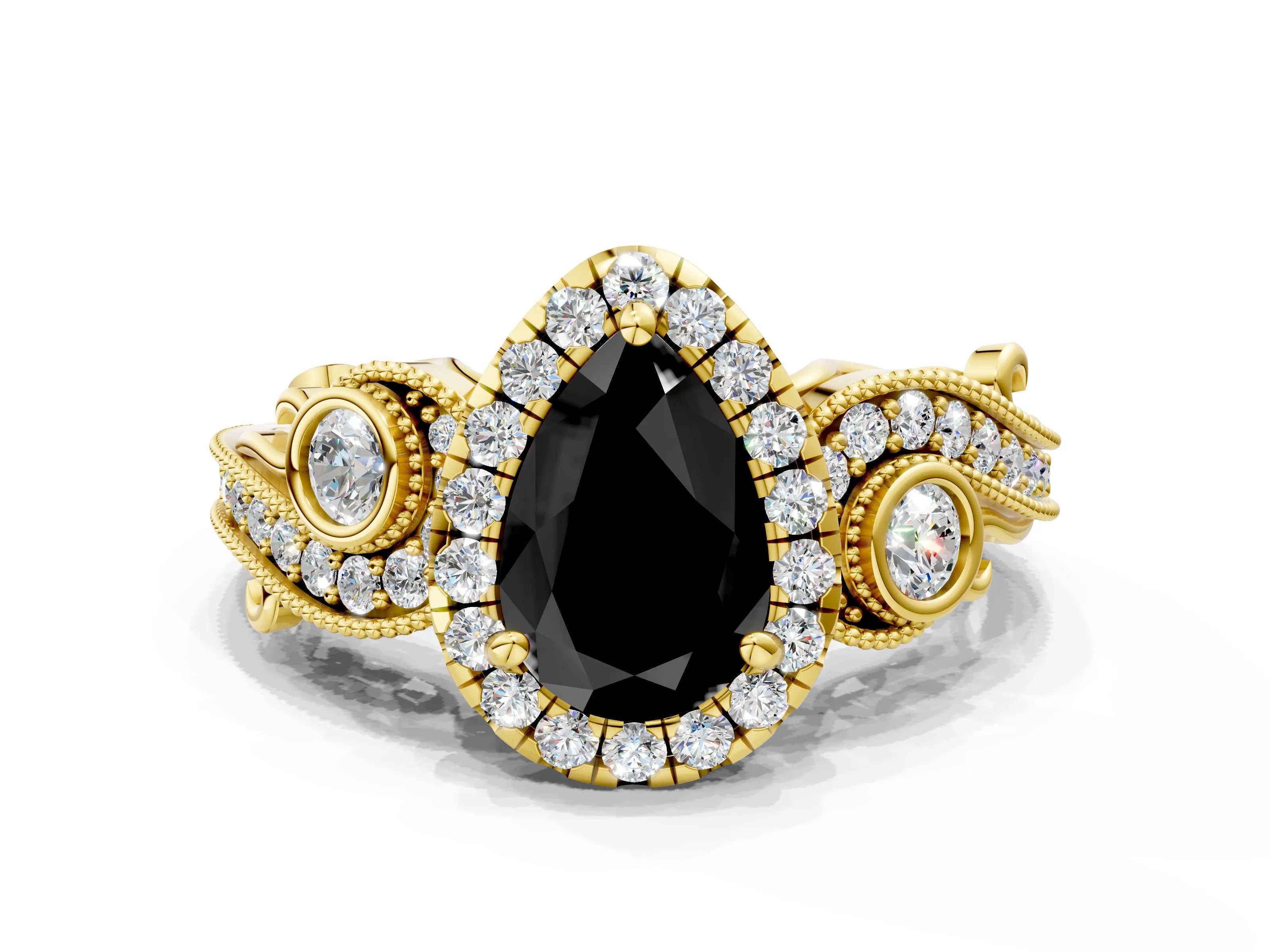Yellow gold Fancy Black Pear Cut Halo Diamond Ring with Milgrain and Bezel Accents on a Split Shank Band