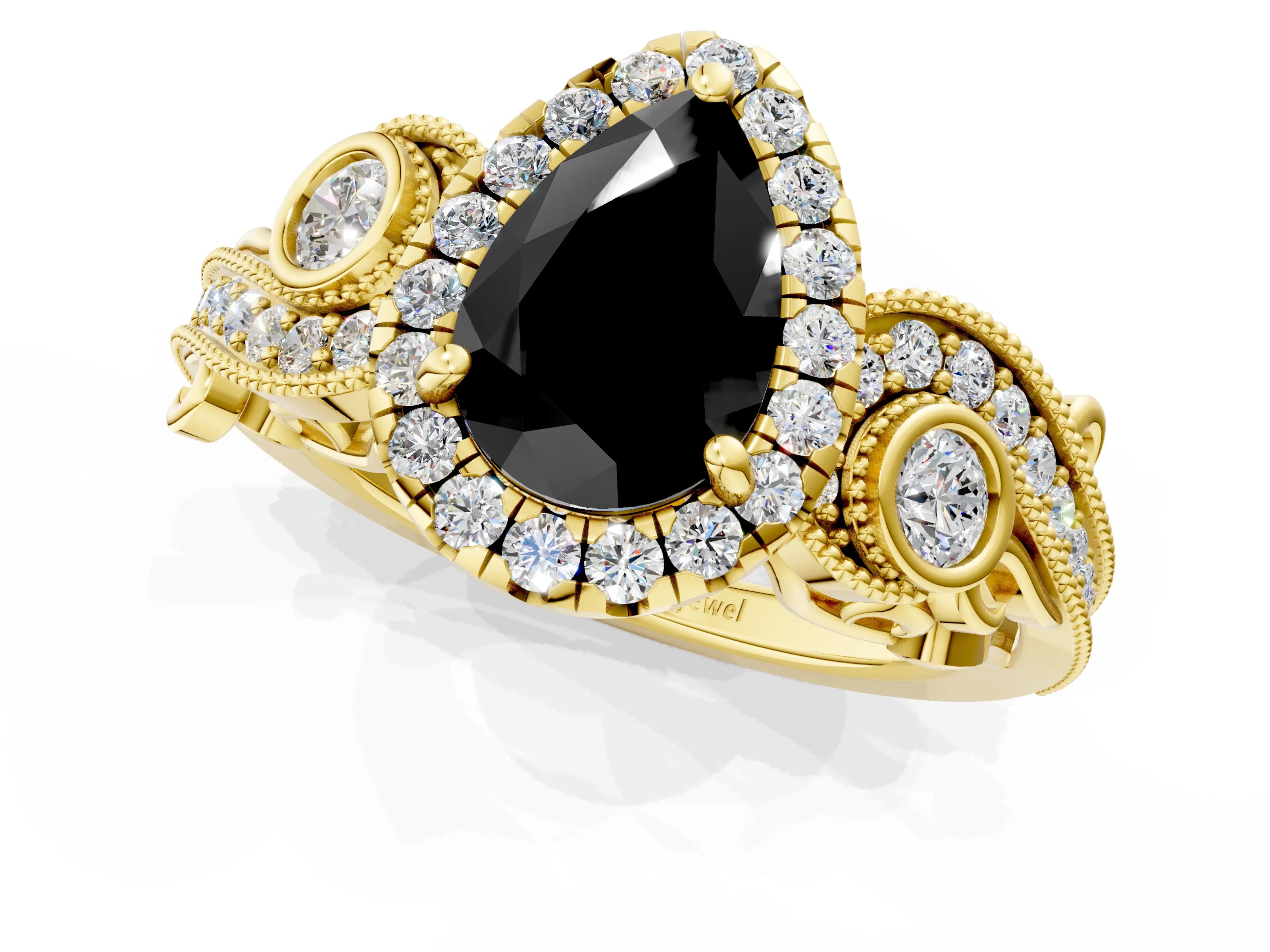 Yellow gold Fancy Black Pear Cut Halo Diamond Ring with Milgrain and Bezel Accents on a Split Shank Band_1