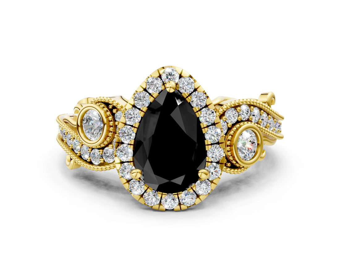 Yellow gold Fancy Black Pear Cut Halo Diamond Ring with Milgrain and Bezel Accents on a Split Shank Band_12