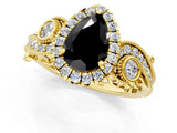 Yellow gold Fancy Black Pear Cut Halo Diamond Ring with Milgrain and Bezel Accents on a Split Shank Band_13