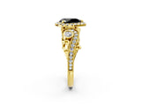 Yellow gold Fancy Black Pear Cut Halo Diamond Ring with Milgrain and Bezel Accents on a Split Shank Band_14