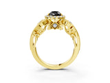 Yellow gold Fancy Black Pear Cut Halo Diamond Ring with Milgrain and Bezel Accents on a Split Shank Band_15