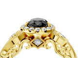 Yellow gold Fancy Black Pear Cut Halo Diamond Ring with Milgrain and Bezel Accents on a Split Shank Band_16