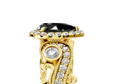 Yellow gold Fancy Black Pear Cut Halo Diamond Ring with Milgrain and Bezel Accents on a Split Shank Band_17
