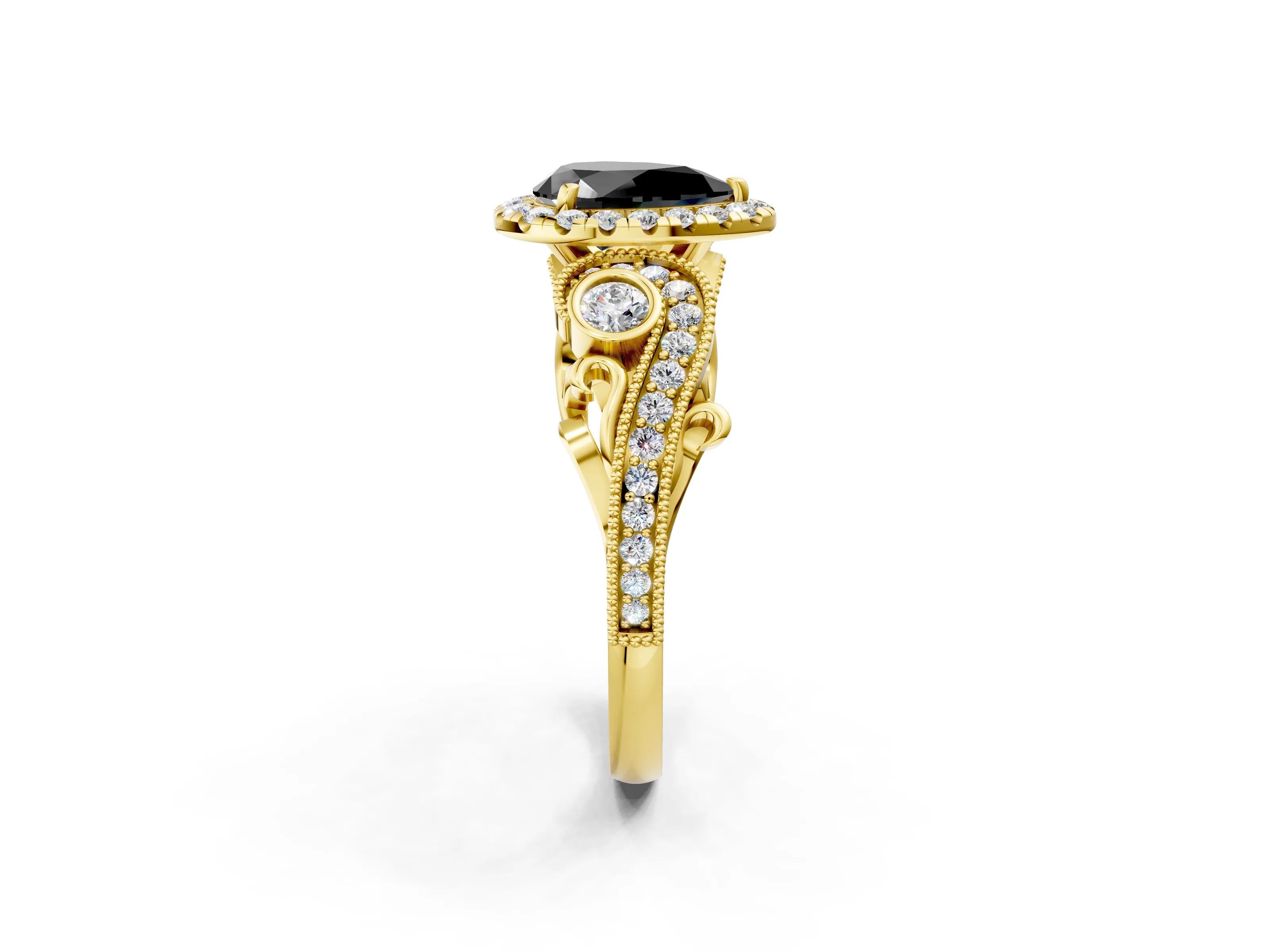 Yellow gold Fancy Black Pear Cut Halo Diamond Ring with Milgrain and Bezel Accents on a Split Shank Band_2