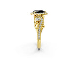 Yellow gold Fancy Black Pear Cut Halo Diamond Ring with Milgrain and Bezel Accents on a Split Shank Band_26