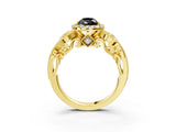 Yellow gold Fancy Black Pear Cut Halo Diamond Ring with Milgrain and Bezel Accents on a Split Shank Band_27