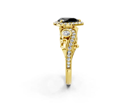 Yellow gold Fancy Black Pear Cut Halo Diamond Ring with Milgrain and Bezel Accents on a Split Shank Band_2