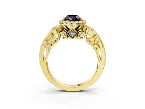 Yellow gold Fancy Black Pear Cut Halo Diamond Ring with Milgrain and Bezel Accents on a Split Shank Band_3